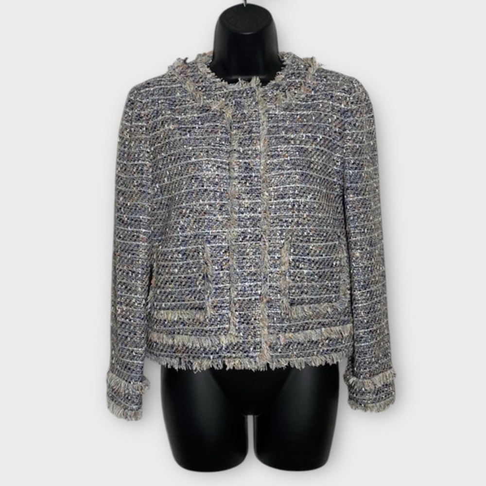 J. Crew Tweed Fringe Collar Jacket in Blue & Cream